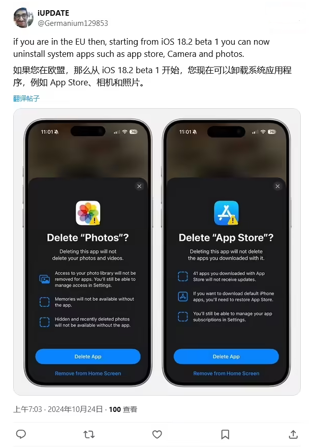 重庆苹果手机维修分享iOS 18.2 支持删除 App Store 应用商店 