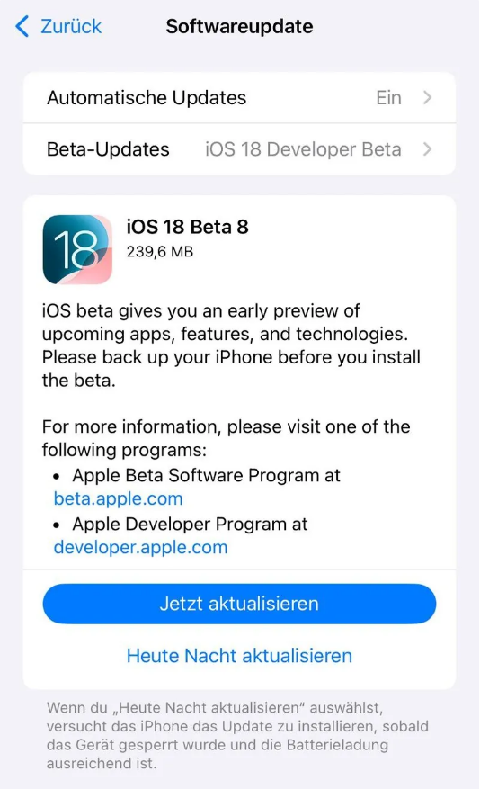 重庆苹果手机维修分享苹果 iOS / iPadOS 18 开发者预览版 Beta 8 发布 